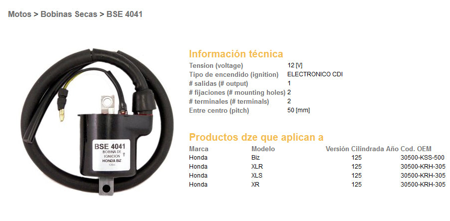 IGNITION COIL HONDA XLR 125, XL 125S XR 125 (30500-KRH-305), DZE