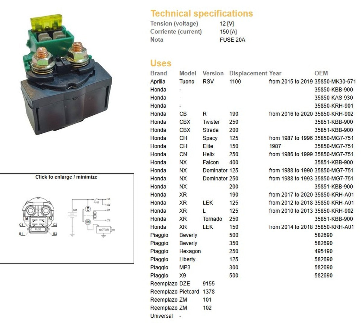 STARTER RELAY HONDA (ROUND WITH FUSE) (150A) - REPLACES 9160-01 - UNIVERSAL RELAY, DZE