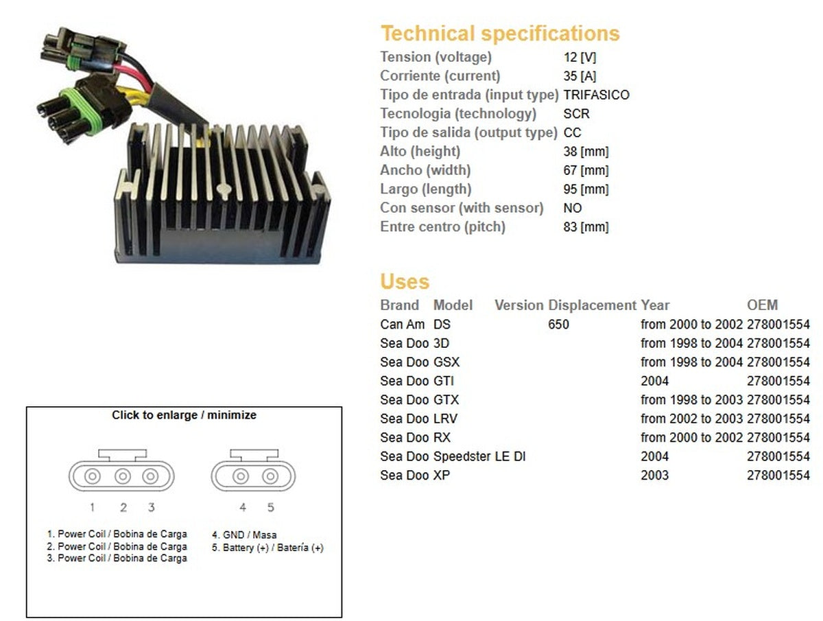 VOLTAGE REGULATOR CAN-AM DS 650 '00-'02 SEA DOO 3D/GSX/GTX/RX/XP/LRV '98-'04 (OEM 278001554) (35A), DZE