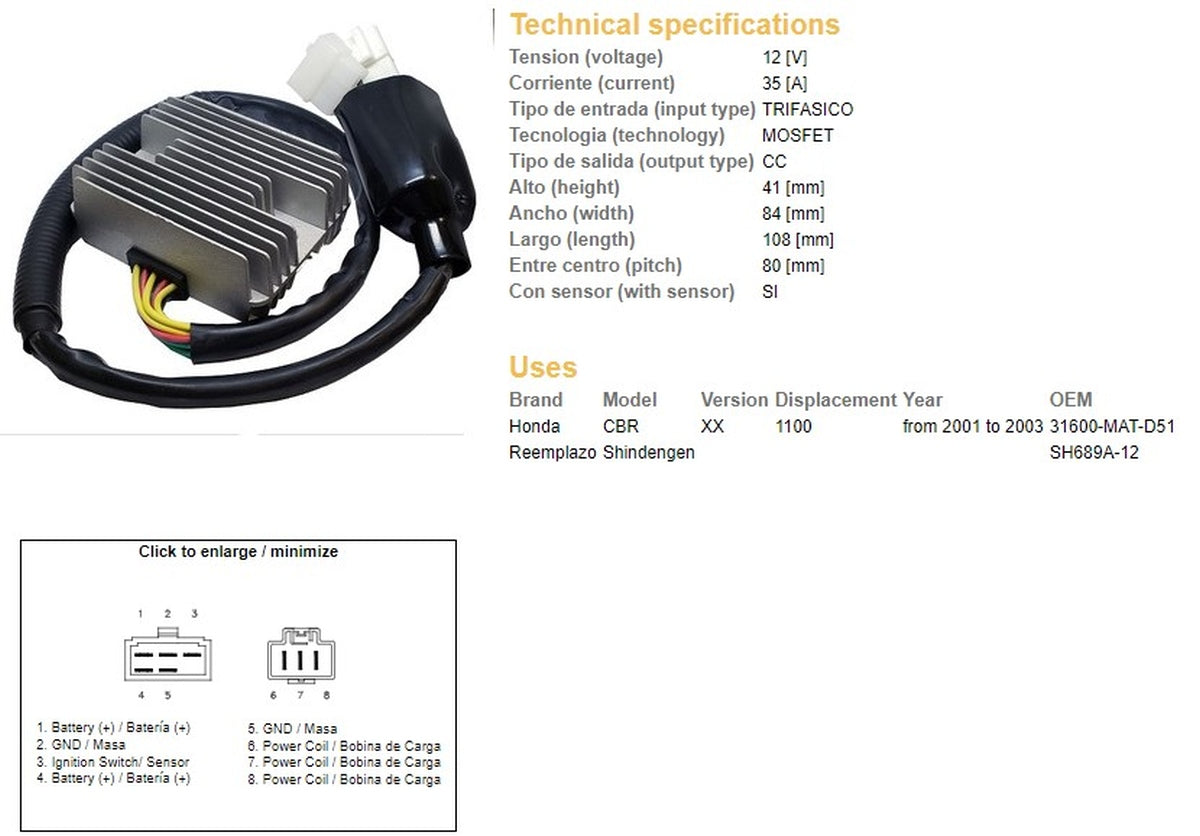 VOLTAGE REGULATOR HONDA CBR 1100XX '01-'03 (SH689A-12) (31600-MAT-D51) (ESR685), DZE