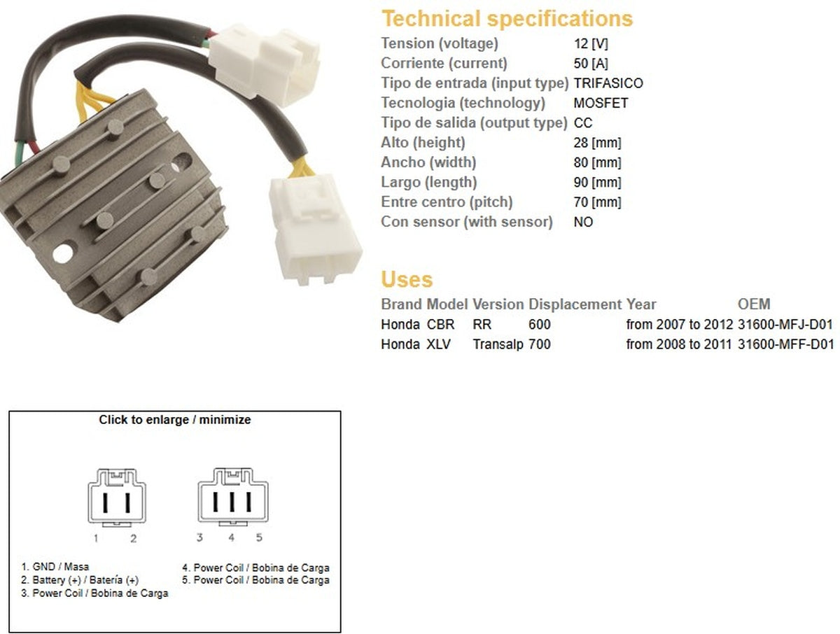 VOLTAGE REGULATOR HONDA CBR 600RR '07-'12 XL 700V TRANSALP '08-'11 (50A) (31600-MFJ-D01), DZE