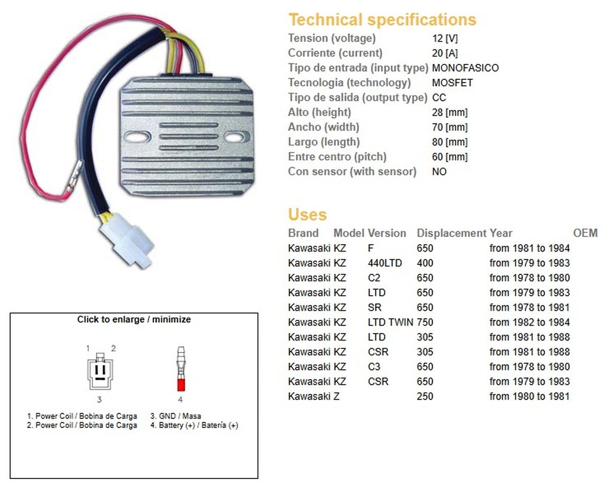 VOLTAGE REGULATOR KAWASAKI KZ 440LTD '79-'93 KZ 750LTD '82-'84 KZ 650F '81-'84 (SINGLE PHASE), DZE