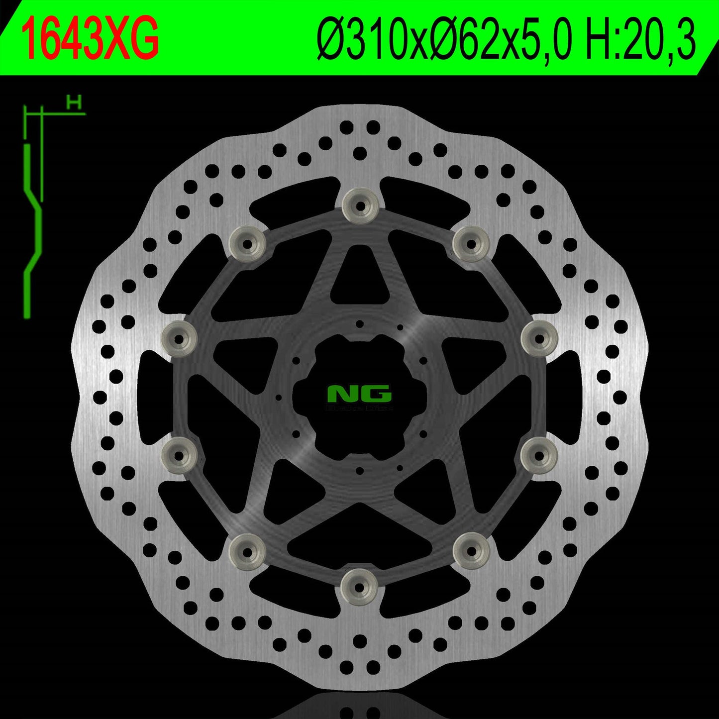 Brake disc (rotor) front HONDA CRF 1000L/L ABS AFRICA TWIN '15-'20, CRF 1100L '19-'22 Aluminium center (310X62X5MM) (6X6,5MM) WAVE - Replaces NG1544X, NG Brakes