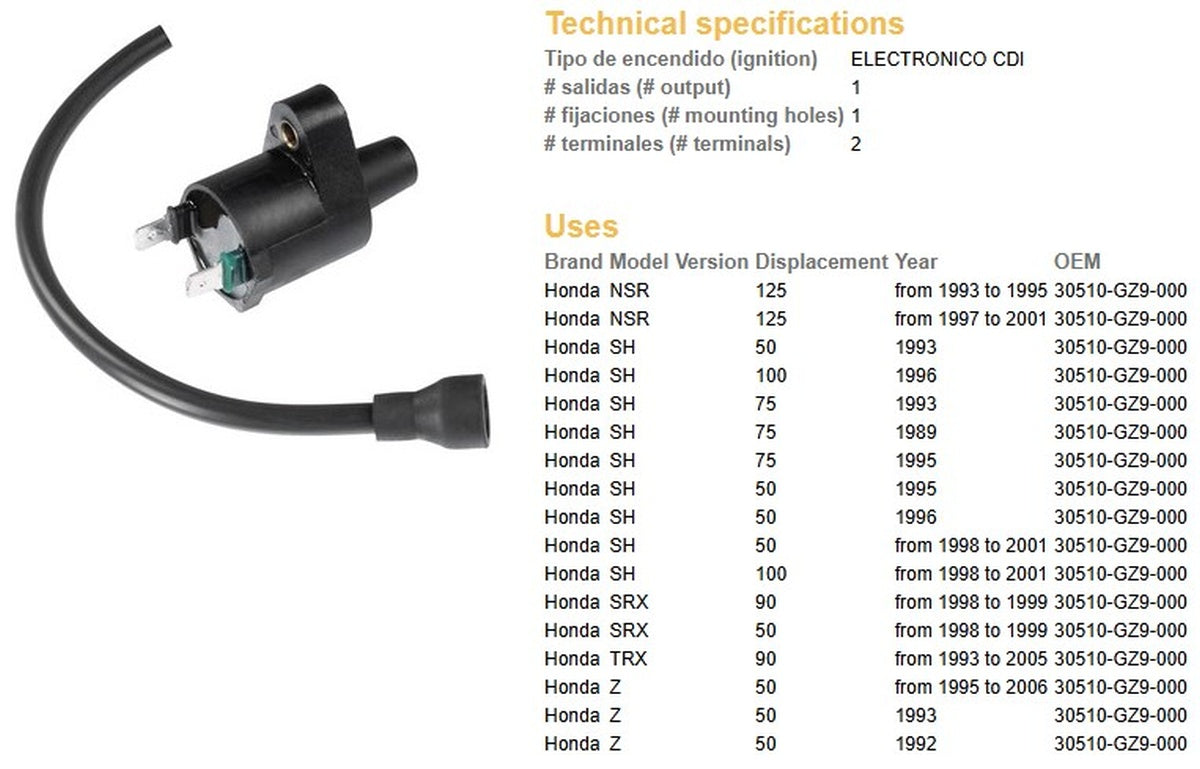 IGNITION COIL HONDA NSR 125 '93-'01 (30510-GZ9-000) TRX90 '93-'05, DZE