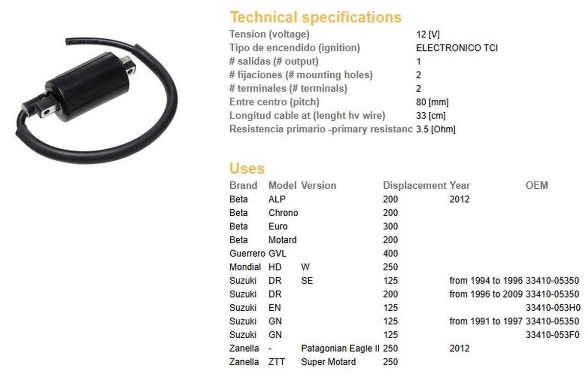 IGNITION COIL SUZUKI DR 125SE '94-'96, GN 125 '91-'97 (33410-05350, 33410-053F0), DZE