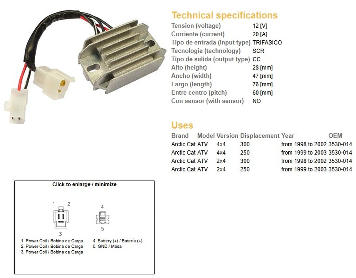 VOLTAGE REGULATOR ARCTIC CAT 250/300 '98-'03 (3530-014), DZE