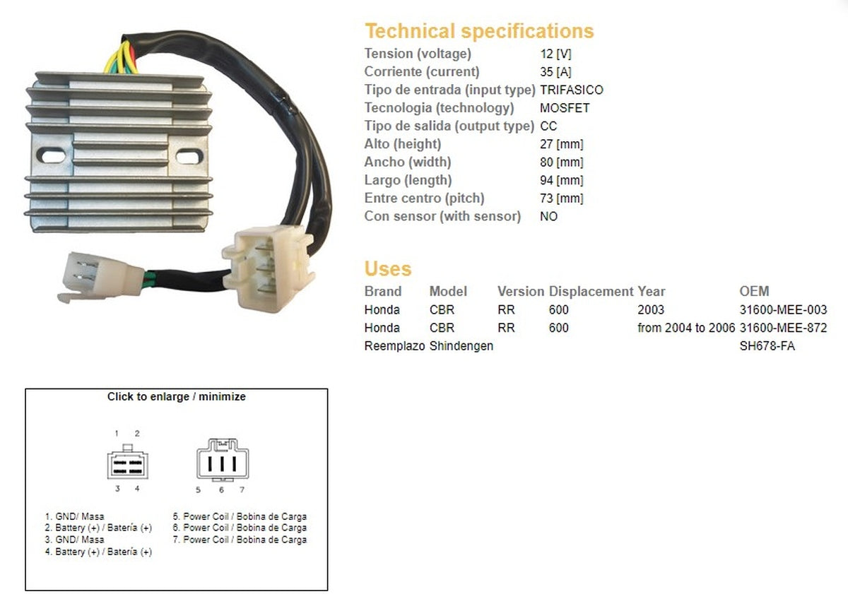 VOLTAGE REGULATOR HONDA CBR 600RR '03-'06 (SH678-FA) (31600-MEE-872), DZE