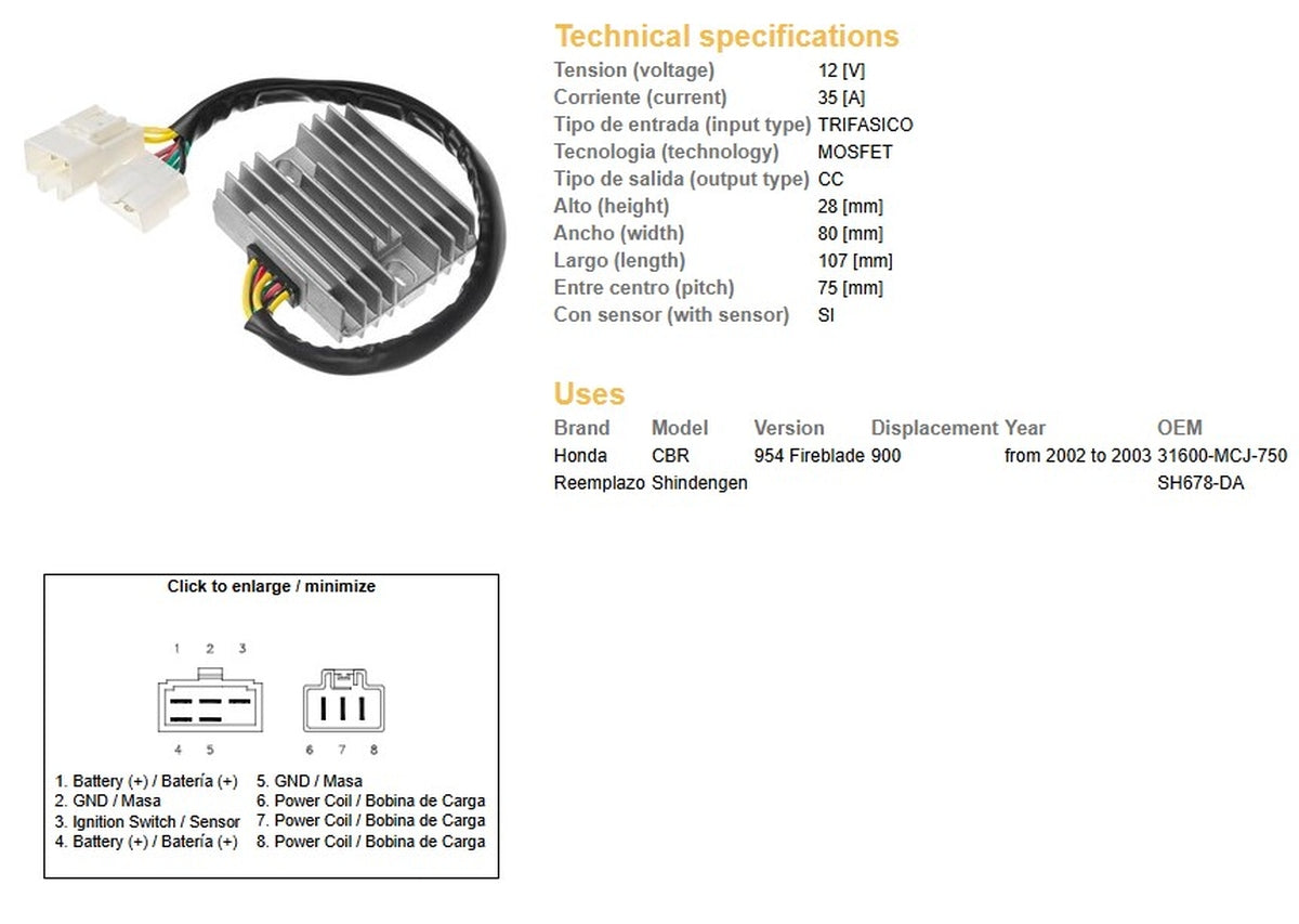 VOLTAGE REGULATOR HONDA CBR 900RR '02-'03 (CBR954) (ESR690) (31600-MCJ-750) (SH678DA) (35A), DZE
