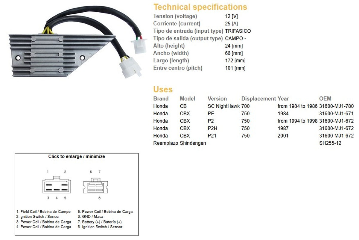 VOLTAGE REGULATOR HONDA CB 700 NIGHTHAWK '84-'86 CBX 750 '84-'01 (31600-MJ-671, 31600-MJ1-780), DZE