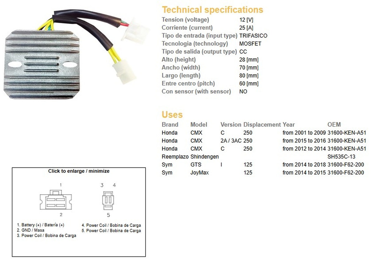 VOLTAGE REGULATOR HONDA CMX 250 '01-'14 (31600-KEN-A51) (SH535C-13) (ESR181), DZE