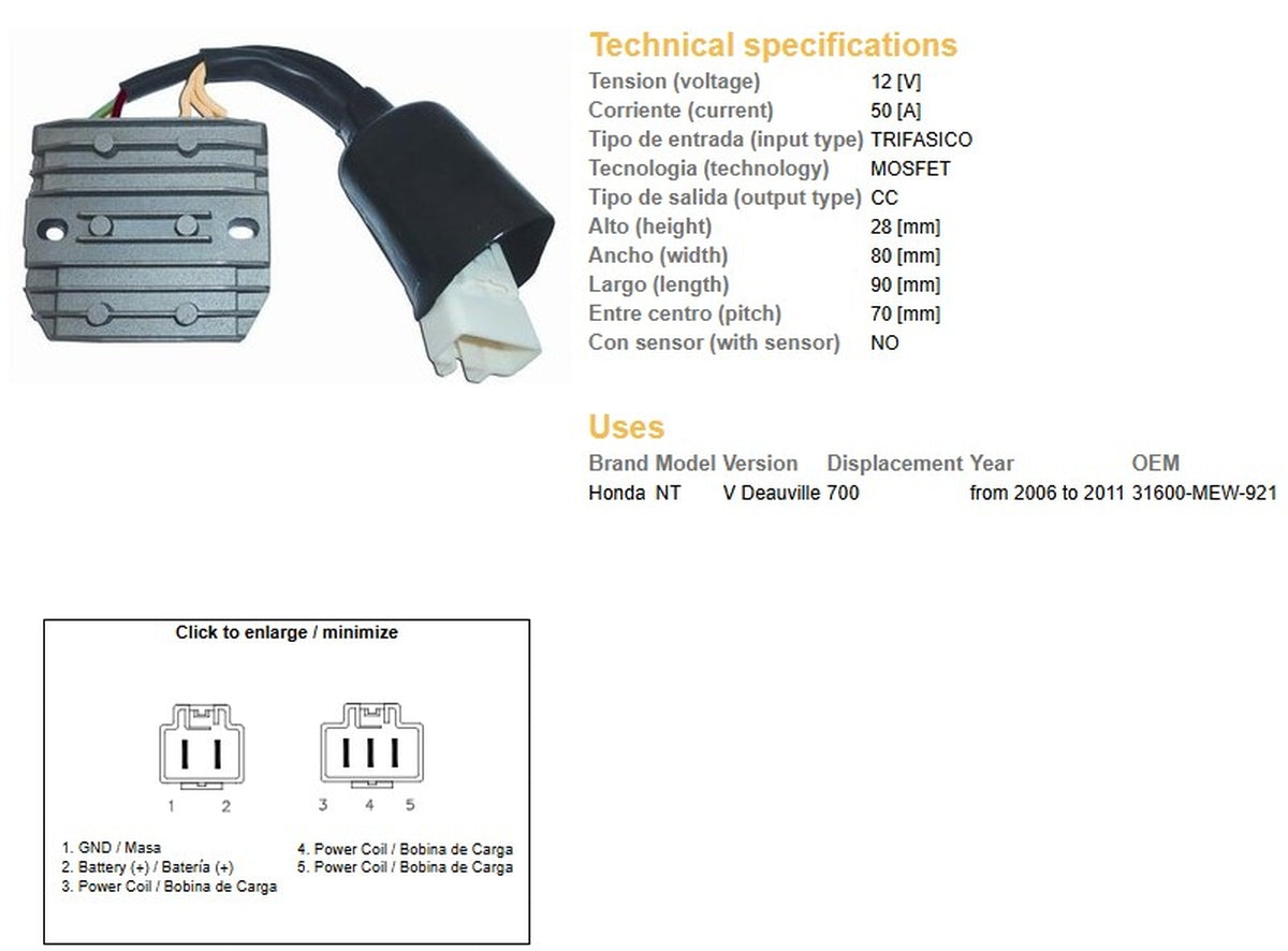 VOLTAGE REGULATOR HONDA NT 700V DEAUVILLE '06-'11 (31600-MEW-921) MOSFET (50A), DZE