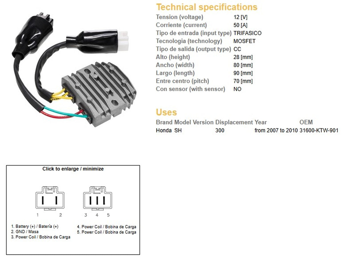 VOLTAGE REGULATOR HONDA SH 300 '07-'10 (OEM 31600-KTW-901) MOSFET (50A), DZE