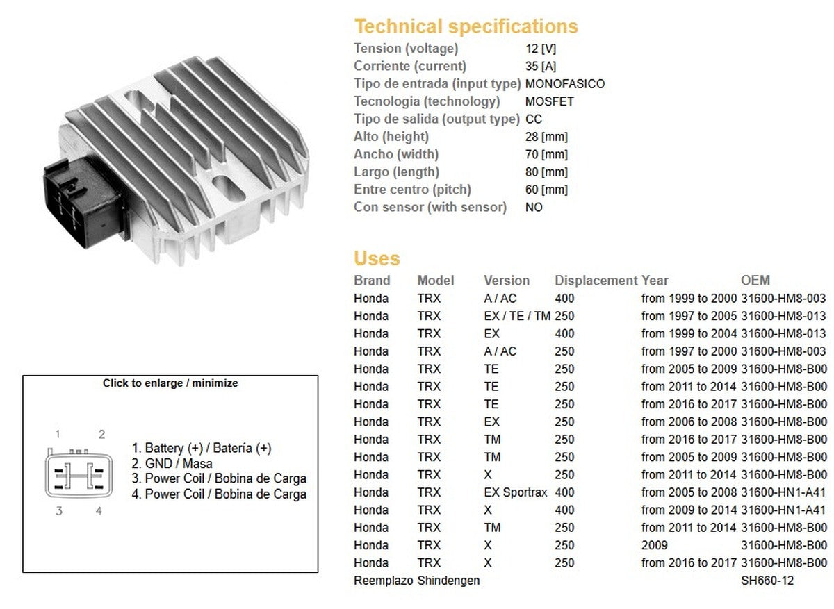 VOLTAGE REGULATOR HONDA TRX 400EX SPORTRAX '99-'04 TRX 250 RECON '97-'11 (ESR585), DZE