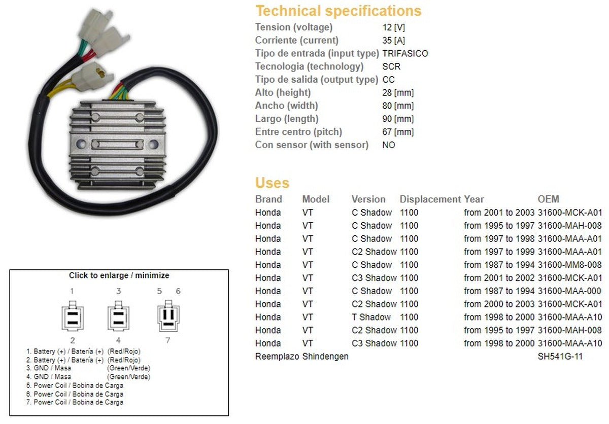 VOLTAGE REGULATOR HONDA VT1100C/C2/C3 SHADOW '87-'03 (35A) (31600-MAH-008) (ESR120) (SH541G-11), DZE