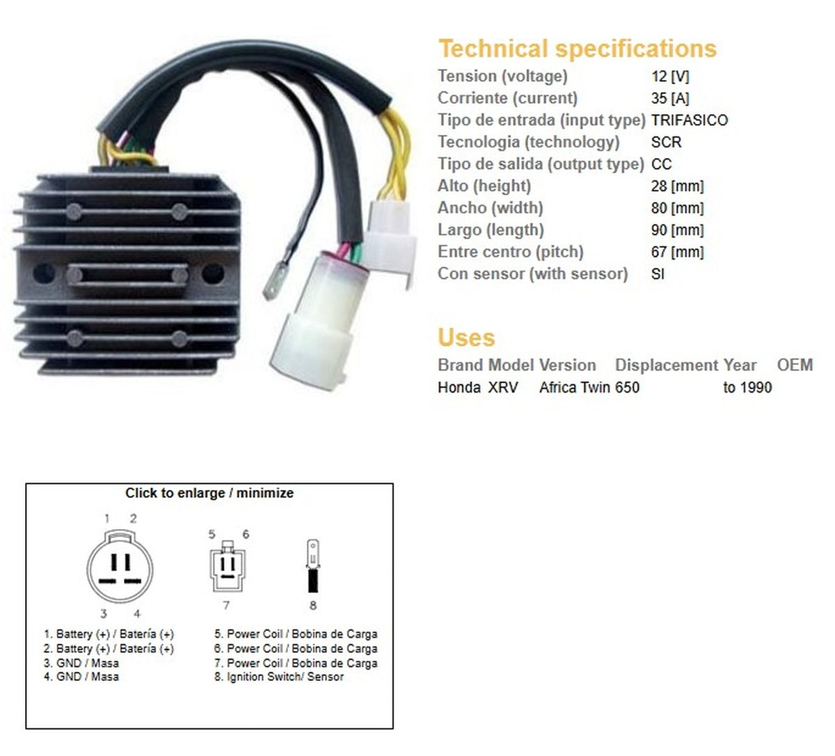 VOLTAGE REGULATOR HONDA XRV 650 AFRICA TWIN '90 (OEM-31600-MS8-000), DZE