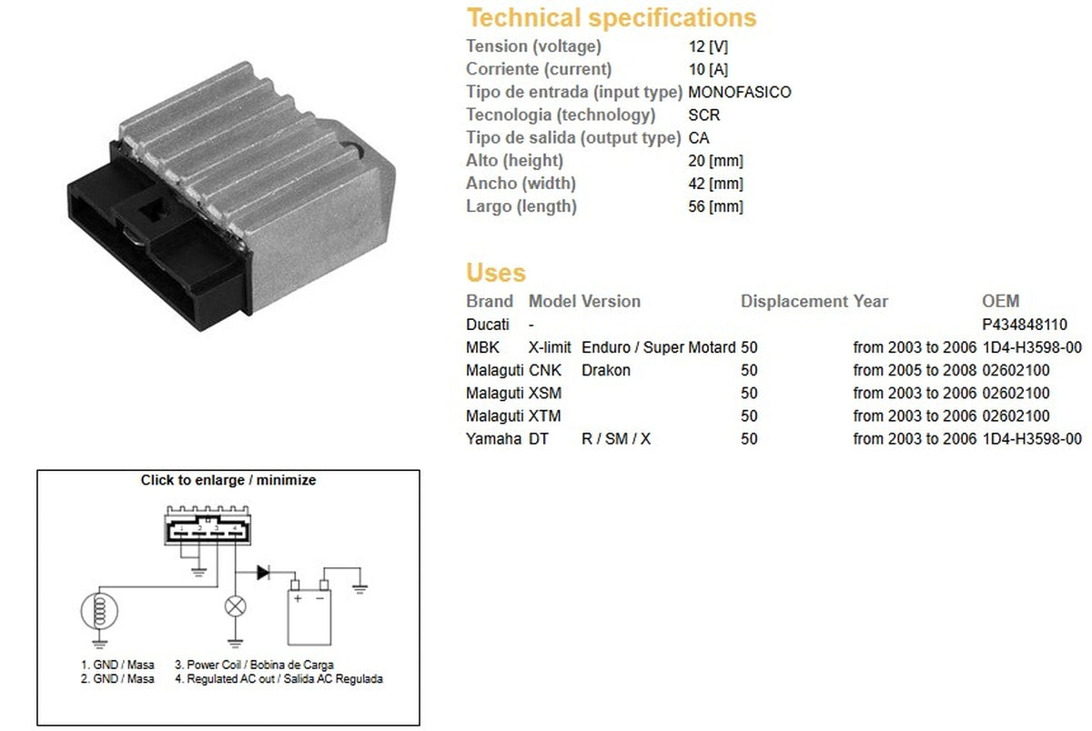 VOLTAGE REGULATOR YAMAHA DT 50 '03-'06 MALAGUTI 50 '03-'06 MBK 50 '03-'06 DUCATI (1D4-H3598-00), DZE