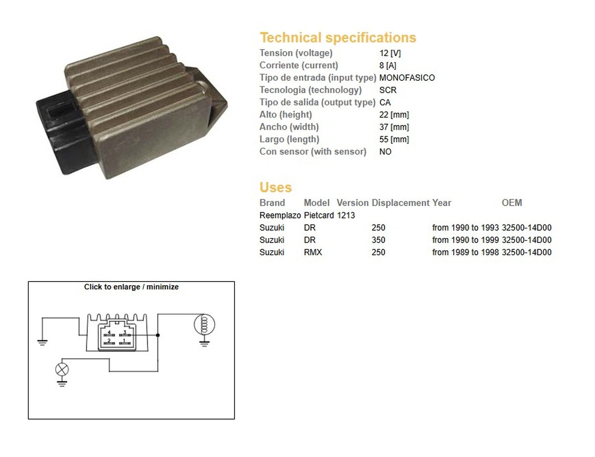 VOLTAGE REGULATOR SUZUKI DR 250 '90-'93 DR 350 '90-'99 RMX 250 '89-'98 (32500-14D00) 12V/8A, DZE