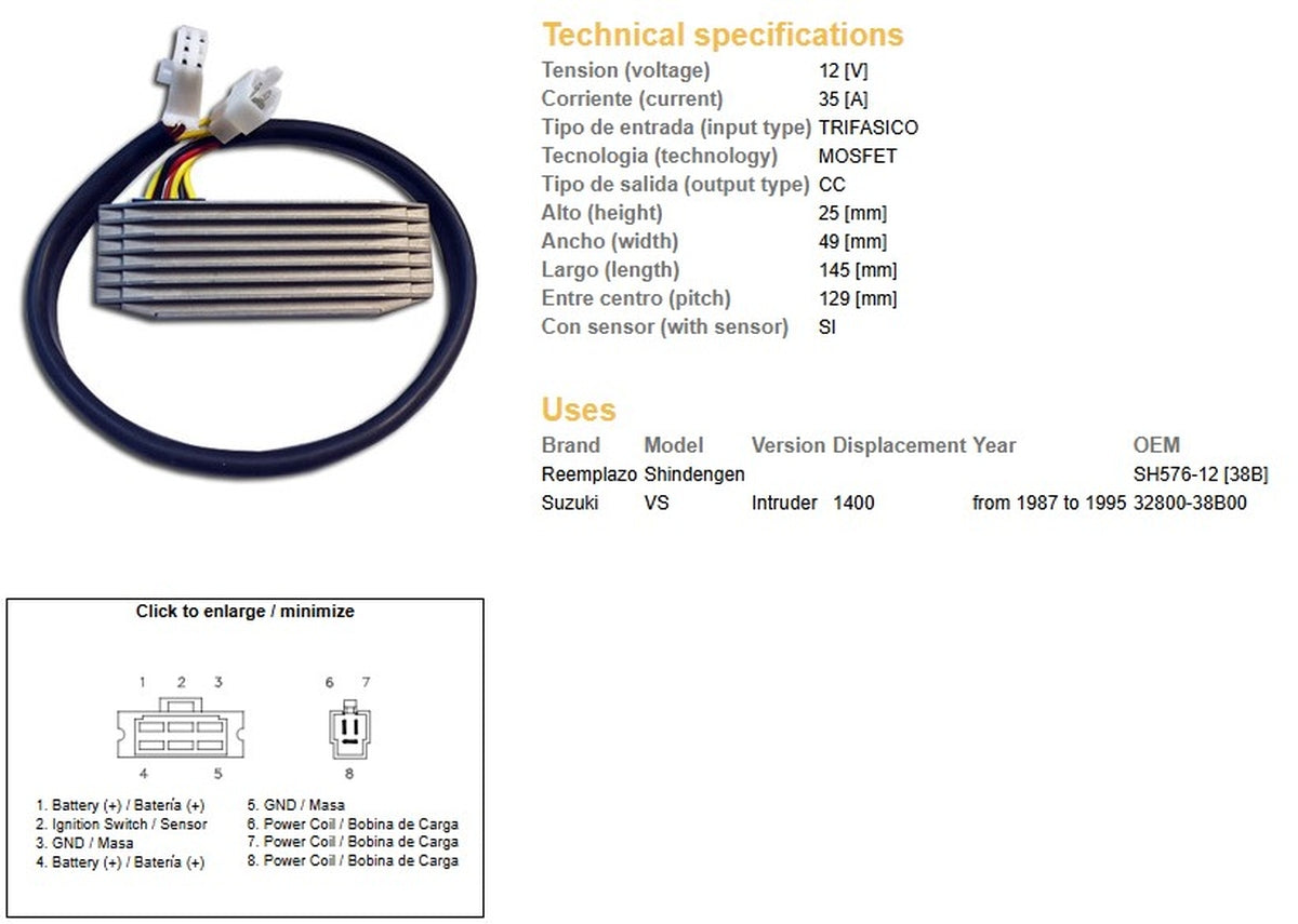 VOLTAGE REGULATOR SUZUKI VS 1400 INTRUDER '87-'95 (OEM-32800-38B00) (ESR750) (SH576-12) (35A), DZE