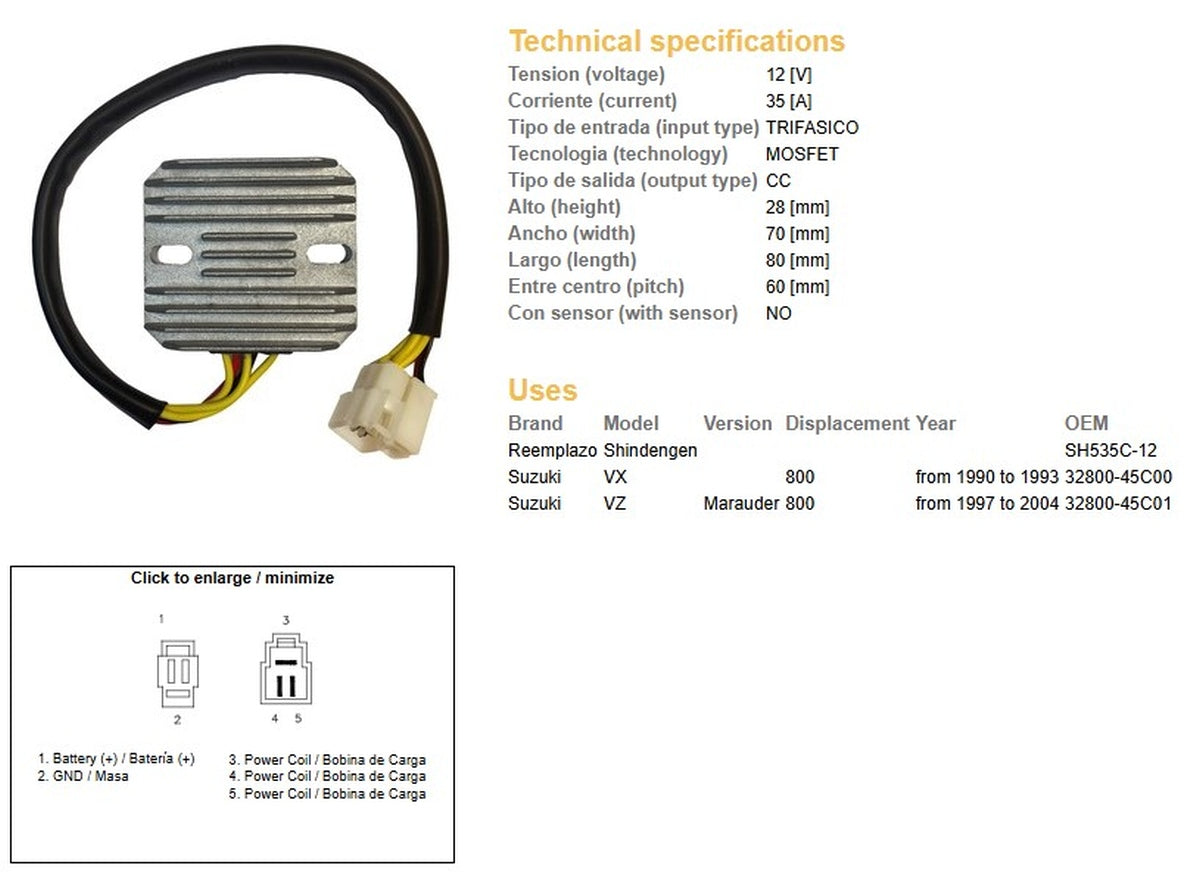 VOLTAGE REGULATOR SUZUKI VZ 800 MARAUDER '97-'04, VX 800 '90-'93 (SH535C-12) (32800-45C00, 32800-45C01) (ESR560), DZE
