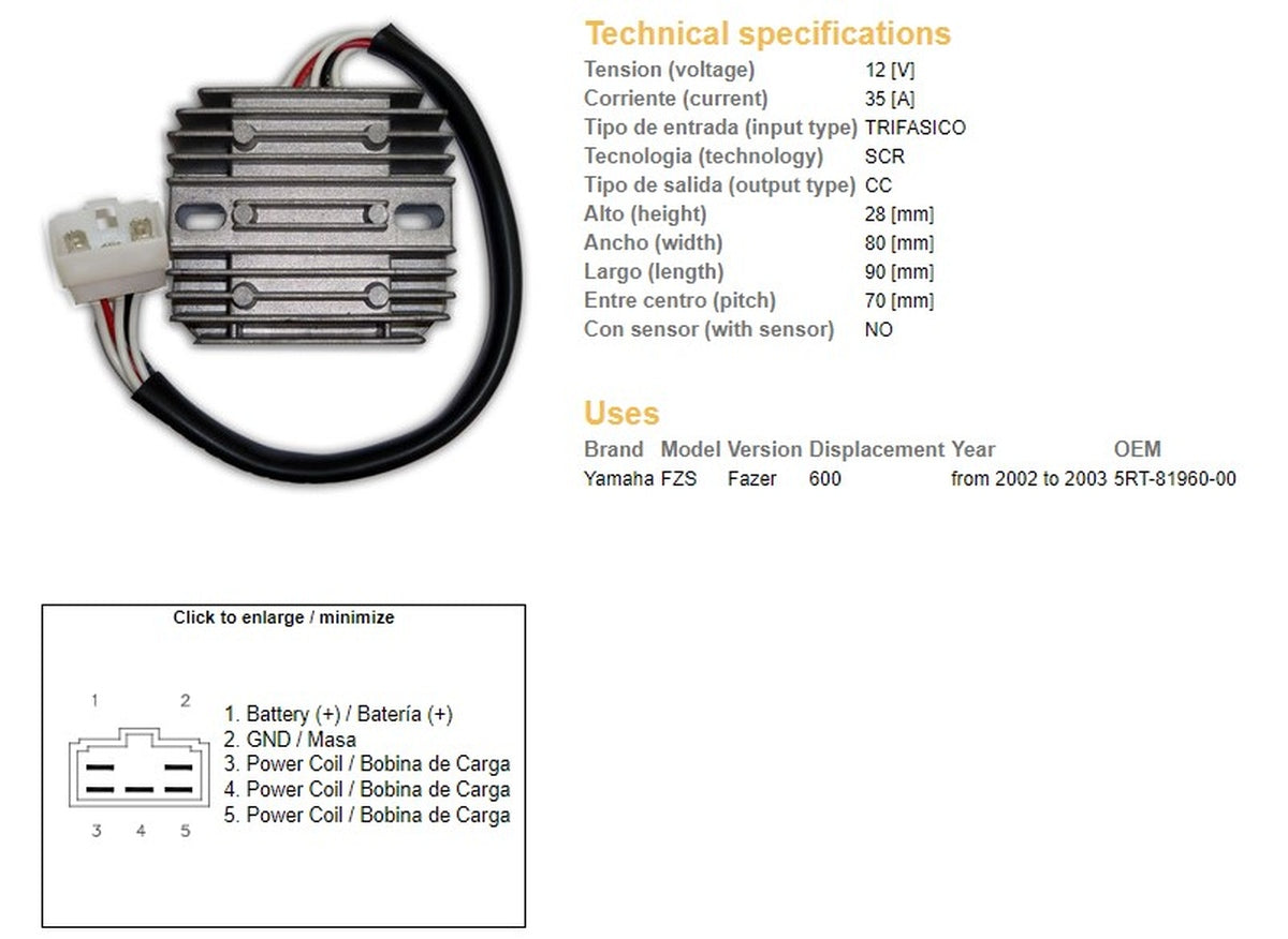 VOLTAGE REGULATOR YAMAHA FZS 600 FAZER '02-'03 (5RT-81960-00) 35A, DZE