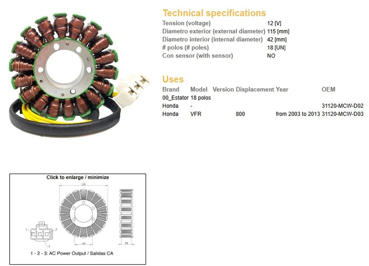 ALTERNATOR STATOR WINDING HONDA VFR 800 '03-'13 (OEM 31120-MCW-D03), DZE