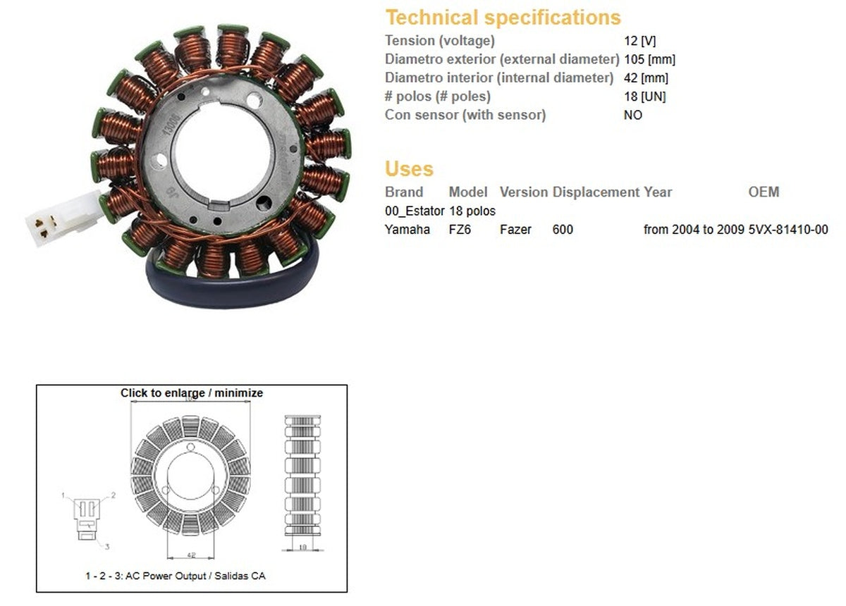 ALTERNATOR STATOR WINDING YAMAHA FZ6 FAZER '04-'09 (OEM 5VX-81410-00), DZE