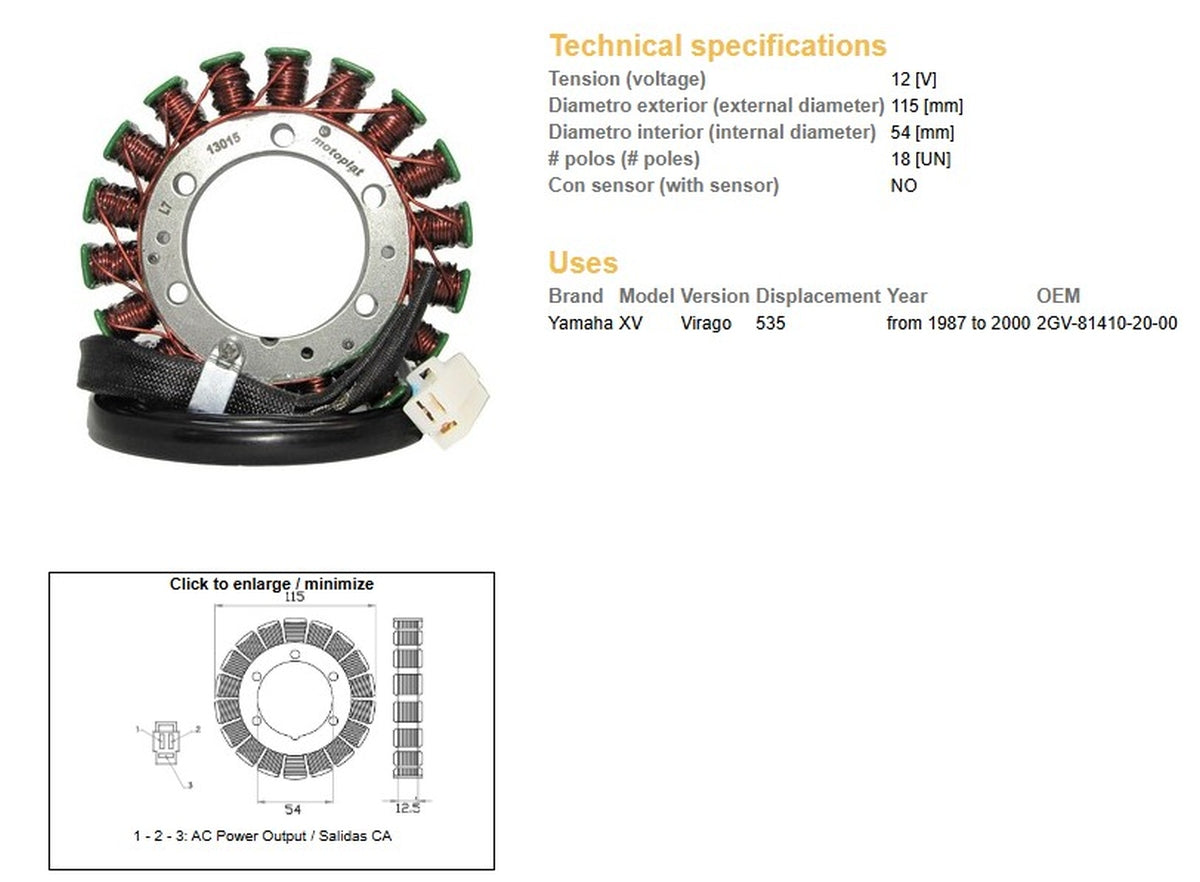 ALTERNATOR STATOR WINDING YAMAHA XV 535 VIRAGO '87-'00 (OEM 2GV-81410-20-00), DZE
