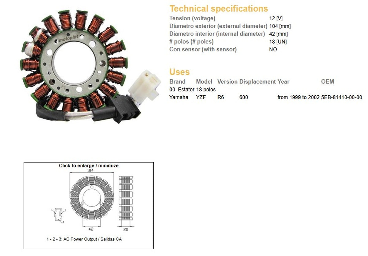 ALTERNATOR STATOR WINDING YAMAHA YZF 600 R6 '99-'02 (OEM 5EB-81410-00-00), DZE