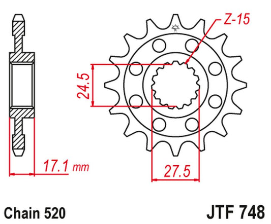 Front Sprocket 2250 15 Z Rubber DUCATI 899 PANIGALE '14-'15, 959 PANIGALE '16-'19, (1199 PANIGALE '12-'17 KONWERSJA NA Chain. 520) (225015JT) (Chain. 520), JT Sprockets