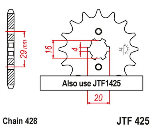 Front Sprocket 425 16 SUZUKI TS 125R '90-'96, RV 125 '07-'15 (42516JT) (Chain. 428), JT Sprockets