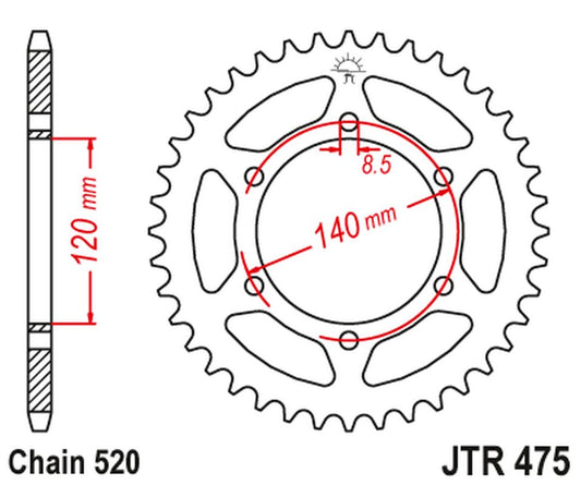 Rear Sprocket 475 45 KAWASAKI KL 250 '79-05', KV 250 '85-86' (47545JT) (Chain520), JT Sprockets