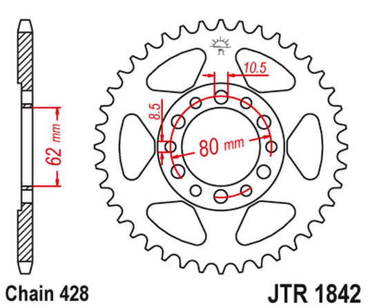 Rear Sprocket 842 42 YAMAHA YZ 80 '81-83', DT 125/175 '74-77',TW 125 '99-02', TW 200 '89-', XT 350 '85-00' (84242JT) (Chain428), JT Sprockets