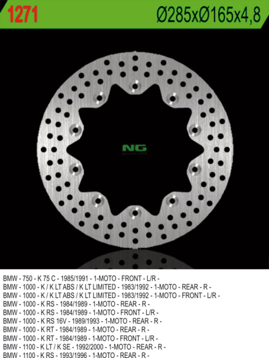 Brake disc (rotor) front BMW K 75C/RT/S '94-'96, front/rear K 100 '84-'93, K1100 '92-'00 (285X165X4,8) (10X5,5MM), NG Brakes