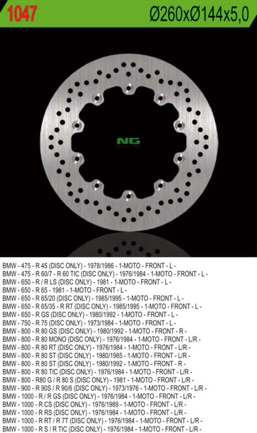 Brake disc (rotor) front BMW R45/60/65/75/80/90/100 (260X144X5) 10 Holes dia.5, NG Brakes