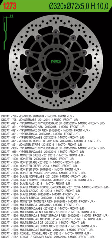 Brake disc (rotor) front DUCATI 796/821/1078/1100/1200 '11-'16 (320X72X5) (5X8,5MM), NG Brakes