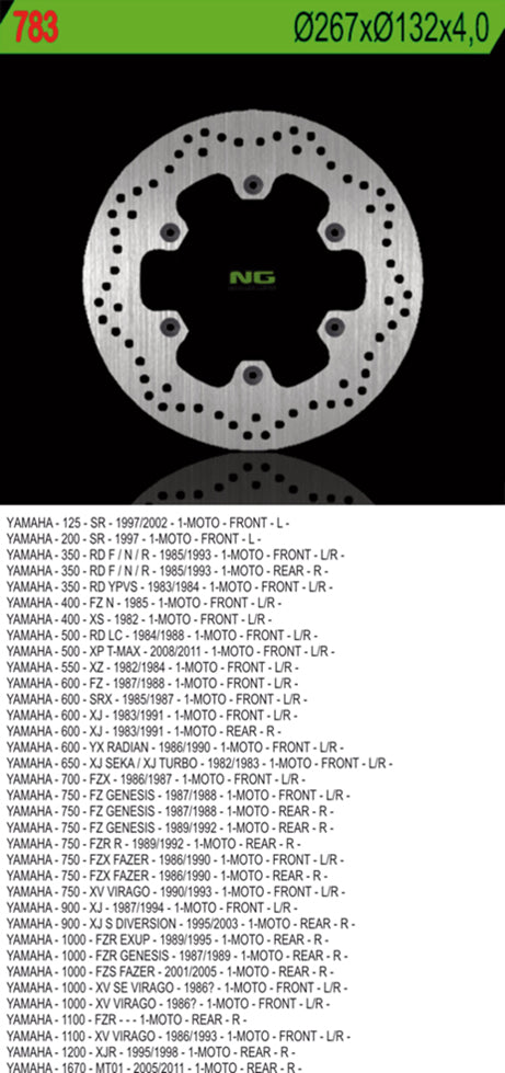 Brake disc (rotor) front/rear YAMAHA XJ 600/900, XJR1300, MT01, XV 750/1100 (267X132X4) (6x8,25mm), NG Brakes