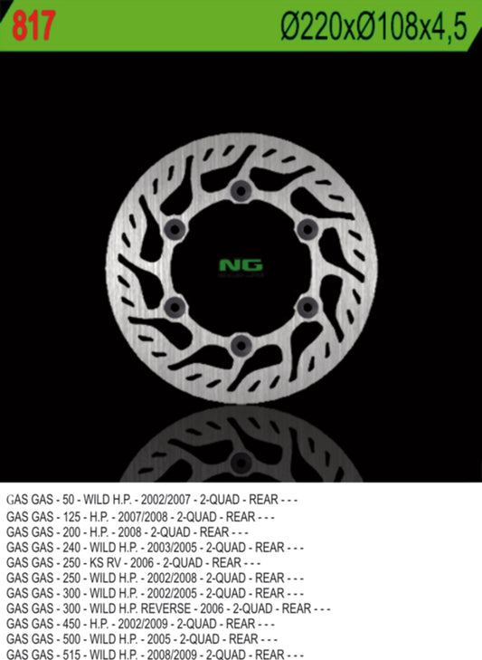 Brake disc (rotor) rear GAS GAS 50/125/200/250/300/450/500/515 (220X108X4,5), NG Brakes