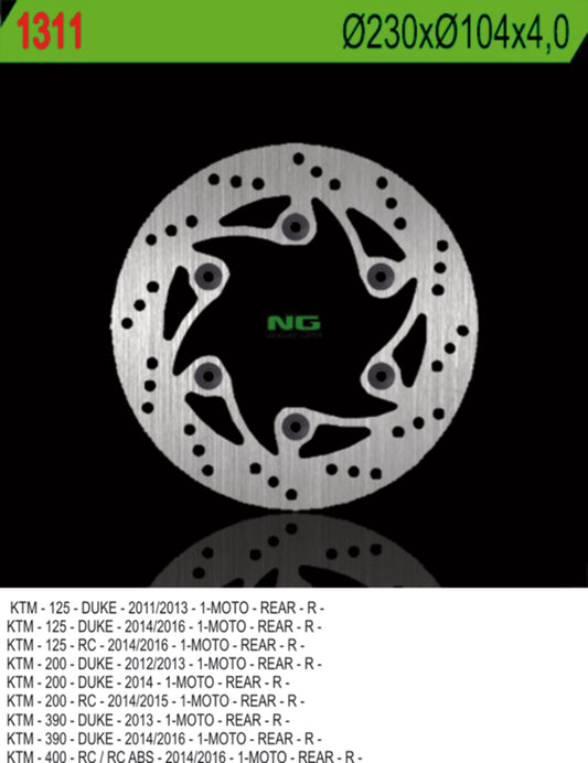 Brake disc (rotor) rear KTM DUKE 125/200/390 '11-'20, RC 200/390 '14-'20 (230X140X4) (6X10,5), NG Brakes